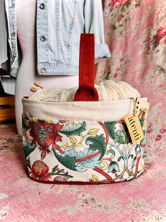 ATENTI Handmade Bags "PENNA" Floral, 8-Pocket Small Bucket Organizer, Needle Arts/Knitting Bag, Project Bag, Diaper Bag, Easter, USA Made