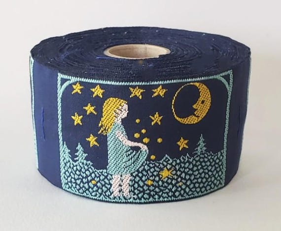 KAFKA H-09/04 Jacquard Ribbon Woven Organic Cotton Trim 1-5/8" wide (40mm) "Stargazer" Little Girl w/Apron, Blue w/Yellow Stars & Moon
