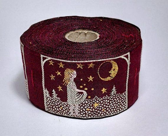 KAFKA H-09/09 Jacquard Ribbon Organic Cotton Trim 1-5/8" wide (42mm) "Starcatcher" in Burgundy, Beige & Metallic Gold