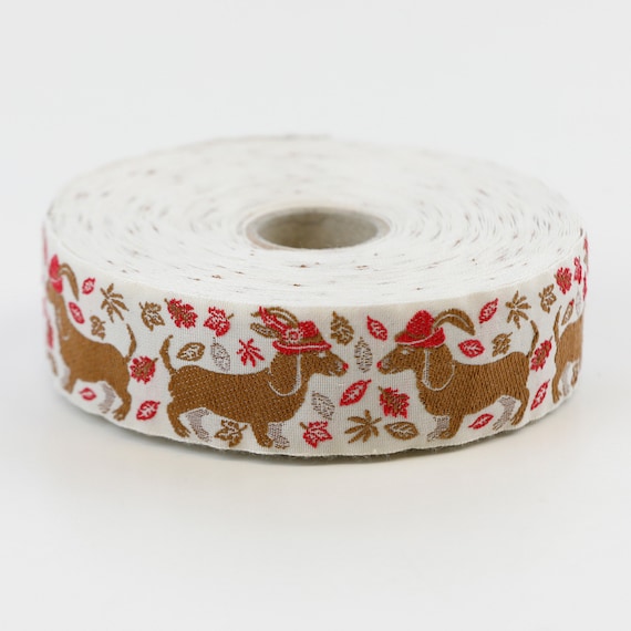 KAFKA F-06/02 Jacquard Ribbon Woven Organic Cotton Trim 1" wide (25mm) NEW Beige w/Light Brown Dachshunds wearing Red Hats!