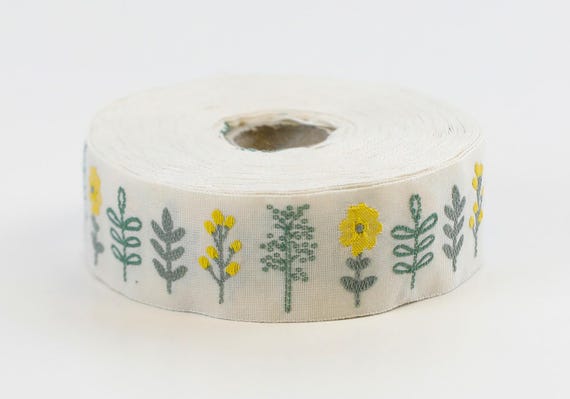 KAFKA F-12/10 Jacquard Ribbon Woven Organic Cotton Trim 1" wide (25mm) Ivory Background w/Yellow Flowers, Green Stems/Leaves