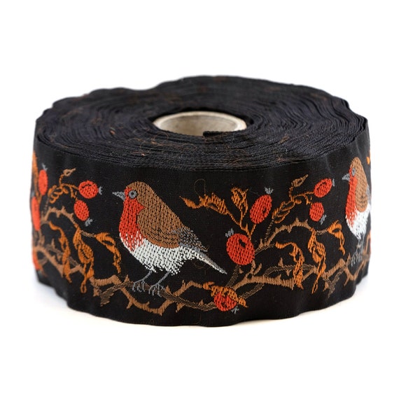 KAFKA H-05/03 Jacquard Ribbon Woven Organic Cotton Trim 1-5/8" wide (42mm) Brown w/Robins, Orange Berries, Branches & Leaves