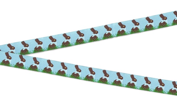 ANIMALS/Farm C-01-B Jacquard Ribbon Poly Trim 5/8" wide (16mm) EASTER Blue Background w/Chocolate Bunny Rabbits, Blue Bows