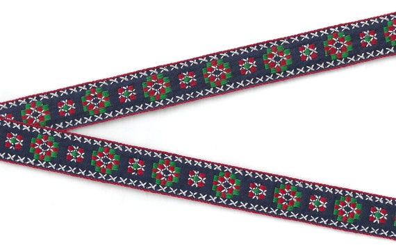 NATIVE AMERICAN E-13-F Jacquard Ribbon Cotton Trim 7/8" wide (22mm) Navy Blue w/Red, White & Green "Cross Stitch" Motif