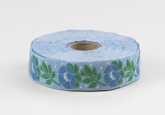 KAFKA D-07/11 Jacquard Ribbon Woven Organic Cotton Trim 13/16" wide (21mm) "Folklore" Lt Blue w/Blue Flowers, Green Leaves, White Dots