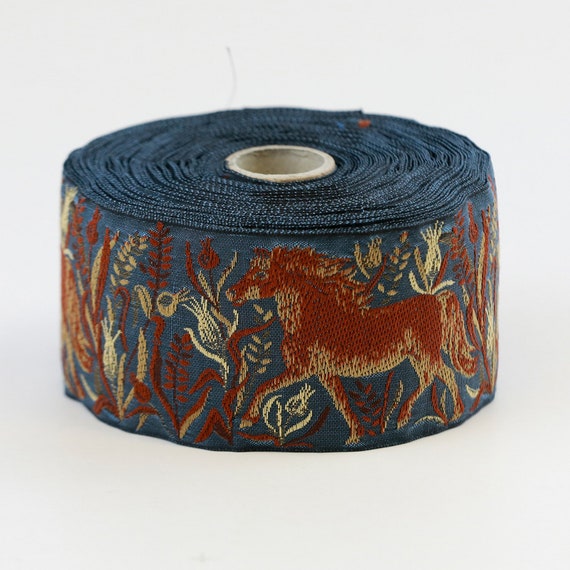 KAFKA K-06/03 Jacquard Ribbon Woven Organic Cotton Trim 2" wide (50mm) Denim Blue, Fawn/Beige Horses w/Beige, Brown & Fawn Grasses
