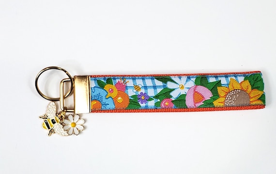 FLORAL Jacquard Ribbon/Nylon Web 1" wide (25mm) Key Fobs, Blue Floral w/Charms, Keychain, Key Wristlet, Luggage Tags, 5.5" long
