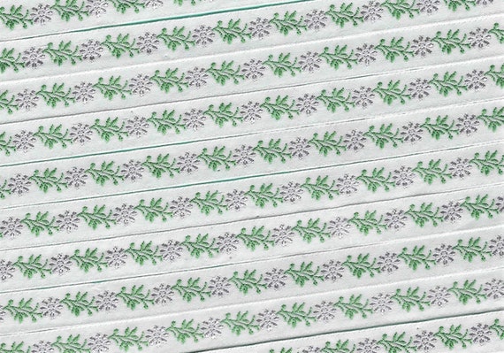 KAFKA A-02/02 Jacquard Ribbon Woven Organic Cotton Trim 7/16" wide (10mm) Pale Mint Green Background w/Lilac Flowers & Green Leaves