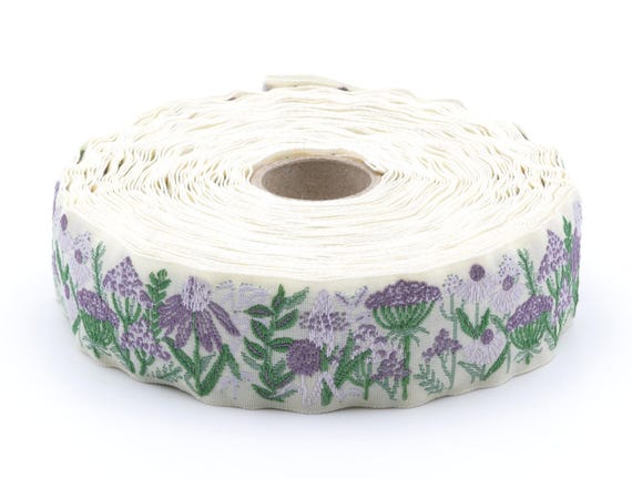 KAFKA F-20/08 Jacquard Ribbon Organic Cotton Trim 1" wide (25mm) NEW! Purple Wildflowers on Ivory