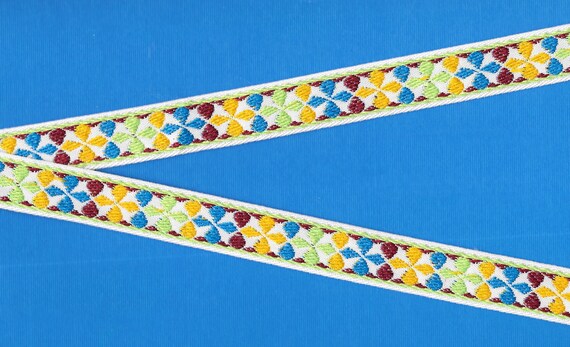 FLORAL D-12-A Jacquard Ribbon Woven Cotton Trim 13/16" wide (21mm) Off-White Background w/Lime, Yellow, Blue & Burgundy Floral Design