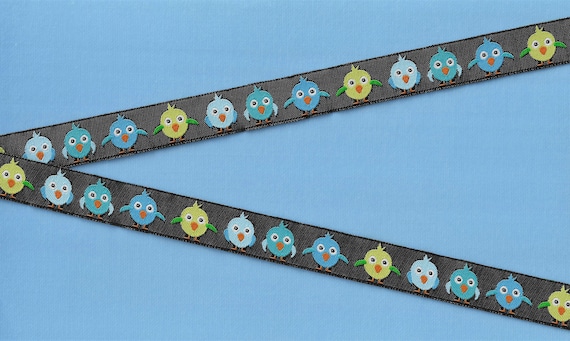 ANIMALS/Birds C-02-B Jacquard Ribbon Poly Trim 5/8" Wide (16mm) Black w/Turquoise, Teal, Blue & Lime Owls, Yellow Accents