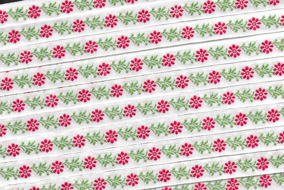 KAFKA A-02/12 Jacquard Ribbon Woven Organic Cotton Trim 7/16" wide (10mm) Holiday Floral, White w/Red Flowers, Green Leaves