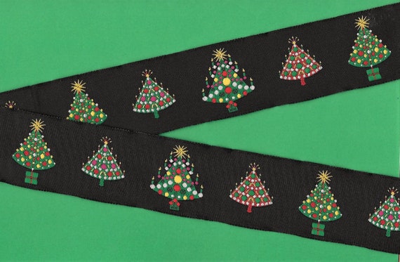 HOLIDAY H-03-A Jacquard Ribbon Poly Trim 1-1/2" wide (38mm) LFNT Design, Black Background, Multi-Colored Decorated Trees, Metallic Accents
