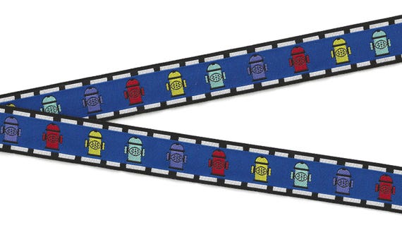 NOVELTY/Dogs E-06-A Jacquard Ribbon Polyester Trim 7/8" wide (22mm) Royal Blue Background with Multi-Colored Fire Hydrants