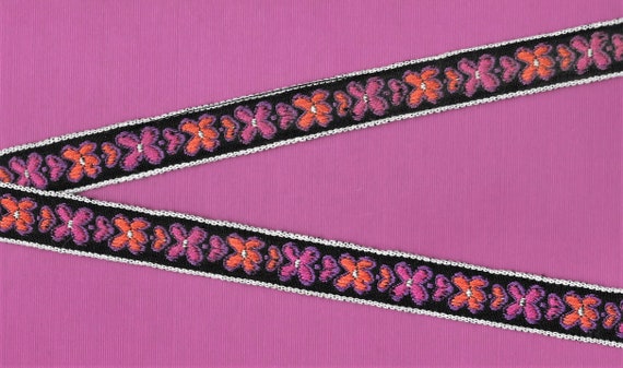 FLORAL D-24-A Jacquard Ribbon Cotton Trim 3/4" Wide (20mm) Black w/RETRO Mod Orange & Pink Flowers, White Borders, Purple Accents