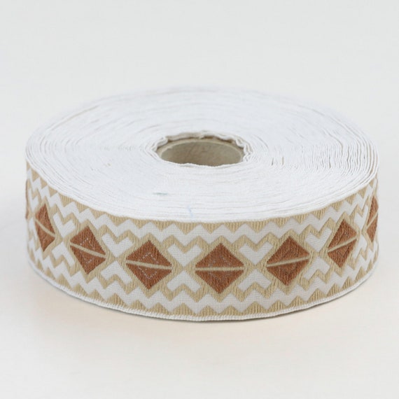 KAFKA F-14/02 Jacquard Ribbon Woven Organic Cotton Trim 1" wide (25mm) White w/Beige & Fawn Geometric Diamond Pattern Beige Zig Zag Lines