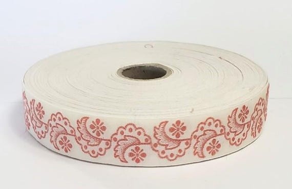 KAFKA D-13/10 Jacquard Ribbon Organic Cotton Trim 3/4" wide (20mm) Ivory & Peach Floral