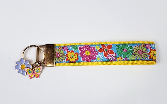 FLORAL (Flower Garden) Jacquard Ribbon/Nylon Web 1" wide (25mm) 5.5" long Key Fob w/Charms