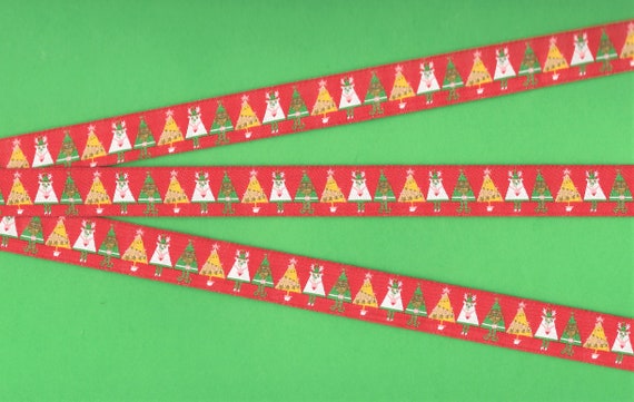 CHRISTMAS/HOLIDAY C-40 Jacquard Ribbon Poly Trim 5/8" wide (16mm) Red Background w/Cute, FUN Christmas "Trees" with Animal Faces