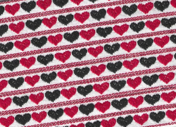 HEARTS/FLOWERS B-11-A Jacquard Ribbon Cotton Trim 9/16" Wide (14mm) VINTAGE Off-White Background w/Red & Black Hearts, Made in Austria