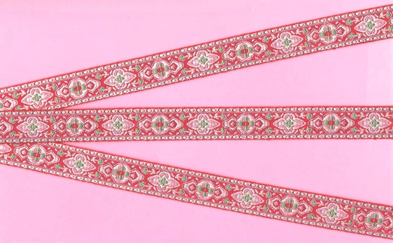 GEOMETRIC C-06-D Jacquard Ribbon Polyester Trim 5/8" wide (16mm) Red w/Pink & Rose Pink Medieval Green Accents