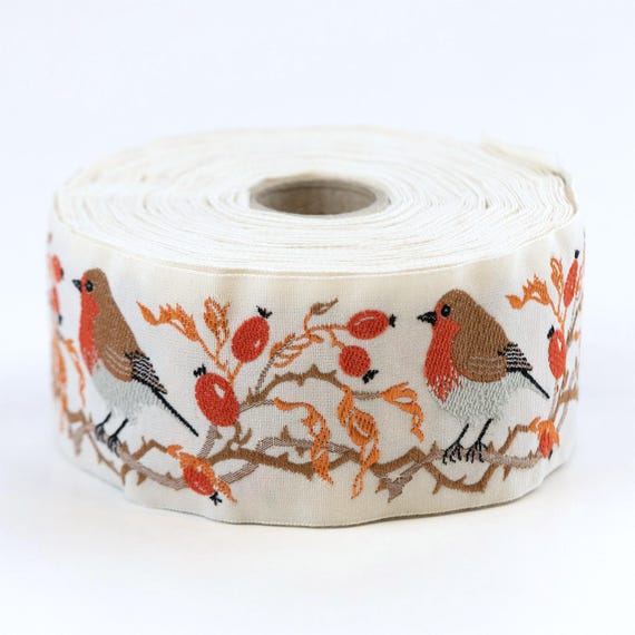 KAFKA H-05/01 Jacquard Ribbon Organic Cotton Trim 1-5/8" wide (42mm) Ivory w/Robins