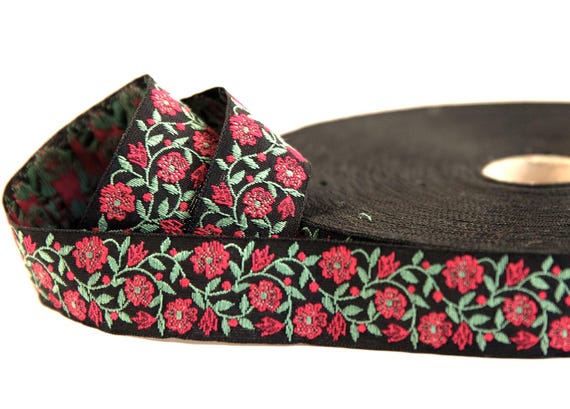 KAFKA D-03/10 Jacquard Ribbon Woven Organic Cotton Trim 3/4" wide (20mm) Black w/Red Flowers & Green Leaves, Christmas/Holiday Colors