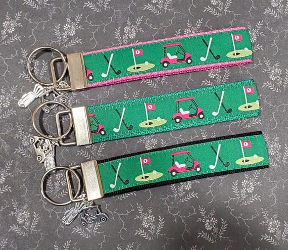 Jacquard Ribbon/Nylon Web 1" wide (25mm) Key Fobs, Green w/Golf Carts & Charms, Keychain, Wristlet, Luggage Tags 5.5" long, Zipper Pulls