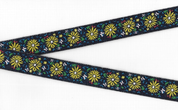 FLORAL F-36-B Jacquard Ribbon Poly Trim, 15/16" Wide (24mm) Navy w/Yellow Flowers, Pink Butterflies, Blue, Green & Yellow Accents