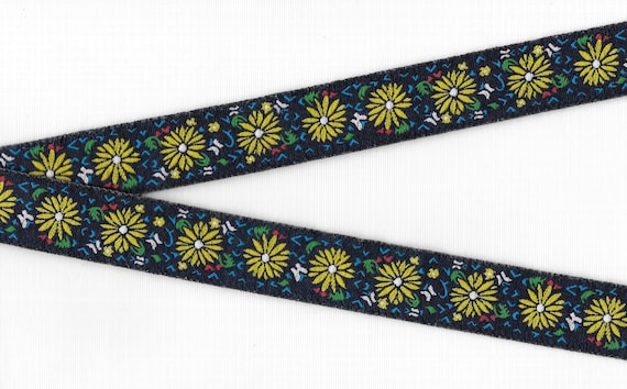 FLORAL F-36-B Jacquard Ribbon Poly Trim, 15/16" Wide (24mm) Navy w/Yellow Flowers, Pink Butterflies, Blue, Green & Yellow Accents, Per Yard