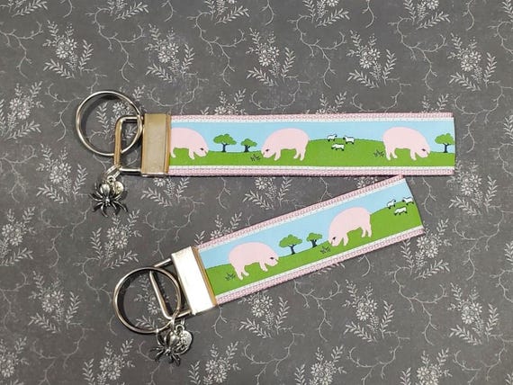 Jacquard Ribbon/Nylon Web Key Fobs - WILBUR the Pig & CHARLOTTE the Spider w/Charms -  Keychain Key Fob Wristlet, Luggage Tags (5.5" long)