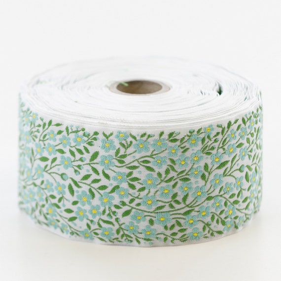 KAFKA K-02/06 Jacquard Ribbon Woven Organic Cotton Trim 2" wide (50mm) White w/Aqua Green & Yellow Forget-Me-Nots, Green Leaves