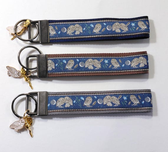 SNOWY OWLS Jacquard Ribbon/Nylon Web 1" wide (22mm) 5.5" long Key Fob w/Charms