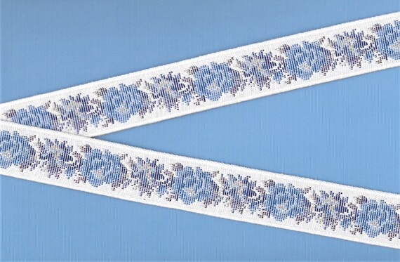 FLORAL TAPESTRY F-21-M Jacquard Ribbon Cotton/Poly Trim 1" wide (25mm) "Petit Point" Design, White Background w/Blue & Lilac Flowers