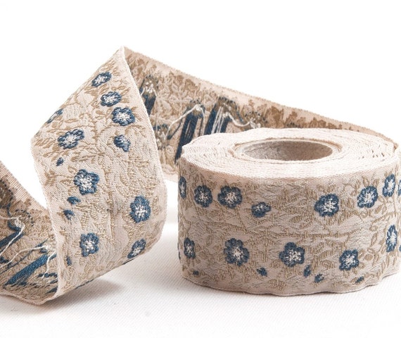 KAFKA F-02/17 Jacquard Ribbon Woven Organic Cotton Trim 1" wide (25mm) Beige Background w/Blue Wild Roses, Beige/Gray Leaves & Vines