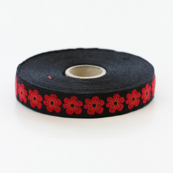 KAFKA C-05/10 Jacquard Ribbon Woven Organic Cotton Trim 5/8" wide (16mm) Black Background w/Red "B&B Blossoms" Coral Red Accents, Per Yard