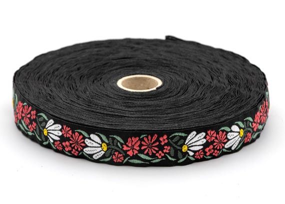 KAFKA D-17/01 Jacquard Ribbon Woven Organic Cotton Trim 3/4" wide (20mm) Black Background, White & Red Flowers, Green Leaves, Holiday colors