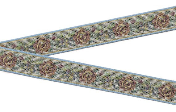 FLORAL TAPESTRY F-21-E Jacquard Ribbon Trim Cotton Trim 1-1/8" wide (28mm) "Petit Point" Design in Blue, Gray, Brown, Green