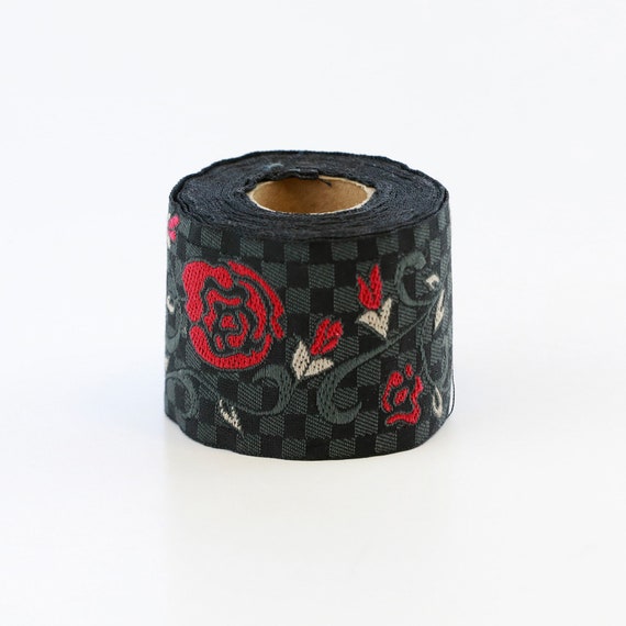 KAFKA H-15/03 Jacquard Ribbon Organic Cotton Trim 1-5/8" wide (40mm) Black/Gray "Checkerboard" Red Roses Gray Scrolls Beige Leaves