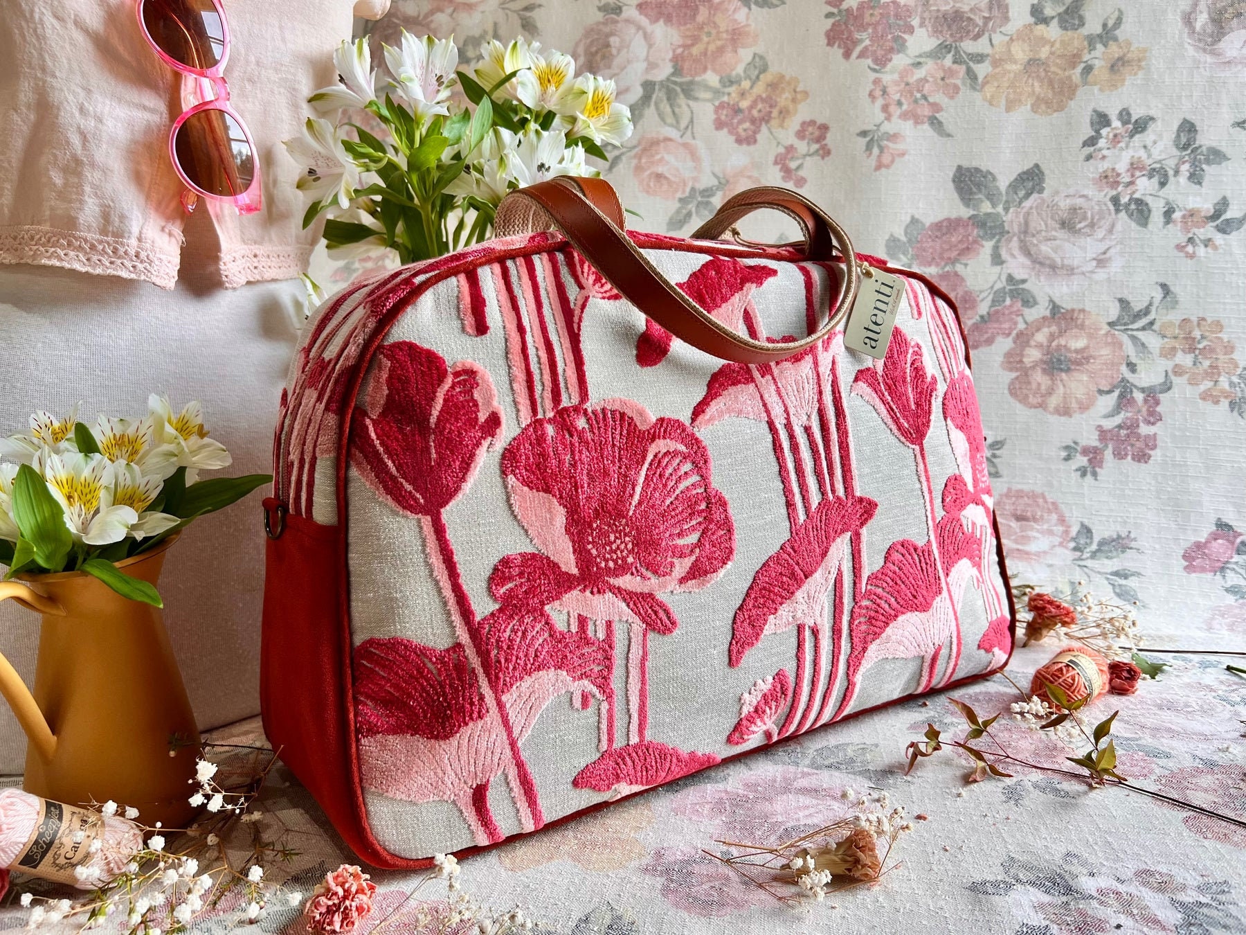 ATENTI Handmade Bags LALIQUE Pink Cut Velvet Tapestry Floral Bag Knitting Bag Travel Bag Diaper Bag Carry On Luggage USA Made