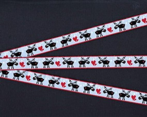 HOLIDAY C-42-A Jacquard Ribbon Polyester Trim 5/8" wide (16mm) Blue Background w/Reindeer, Red Hearts & Snowflakes
