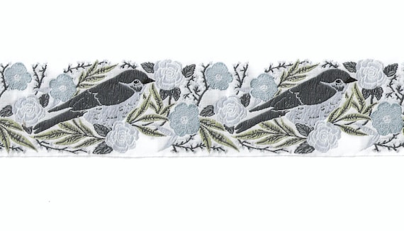 KAFKA K-13/02 Jacquard Ribbon Organic Cotton Trim 2" wide (50mm) White w/Gray Sparrows, Gray Flowers