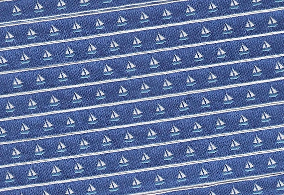 KAFKA A-16/04 Jacquard Ribbon Organic Cotton Woven Trim 3/8" wide (9mm) Navy Blue Background w/Petite White & Lt Blue Sailboats, Nautical
