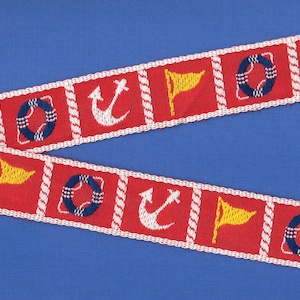 SPORTS/Nautical F-06-B Jacquard Ribbon Cotton Trim 1&quot; Wide (25mm) Red Background, Yellow Flags White Anchors Blue Preservers