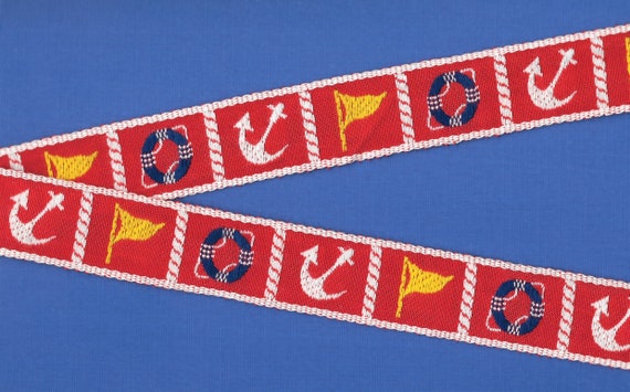 SPORTS/Nautical F-06-B Jacquard Ribbon Cotton Trim 1" Wide (25mm) Red Background, Yellow Flags White Anchors Blue Preservers
