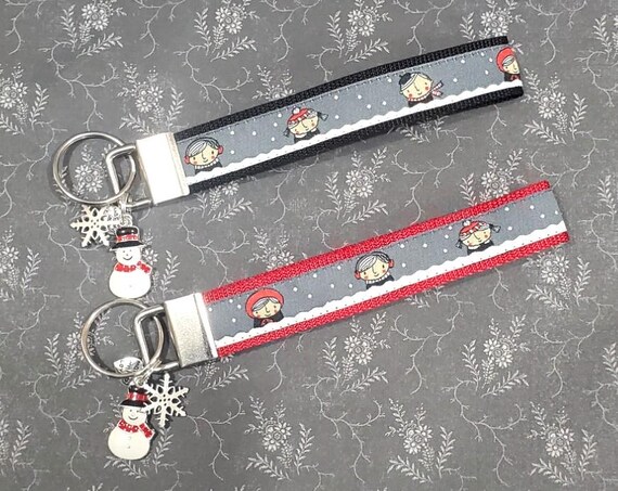 Jacquard Ribbon/Nylon Web 3/4" wide (20mm) Key Fobs, "Winter People" w/Charms, Keychain, Wristlet, Luggage Tags 5.5" long