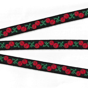 NOVELTY/Fruit C-05-A Jacquard Ribbon Cotton Trim 5/8&quot; wide (16mm) Black Background w/Red Berries Cherries & Green Stems