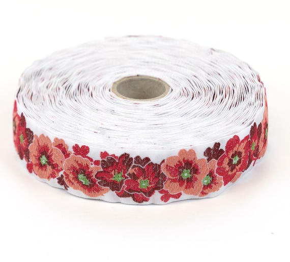 KAFKA F-17/04 Jacquard Ribbon Organic Cotton Trim 1" wide (25mm) White w/Red & Apricot Flowers