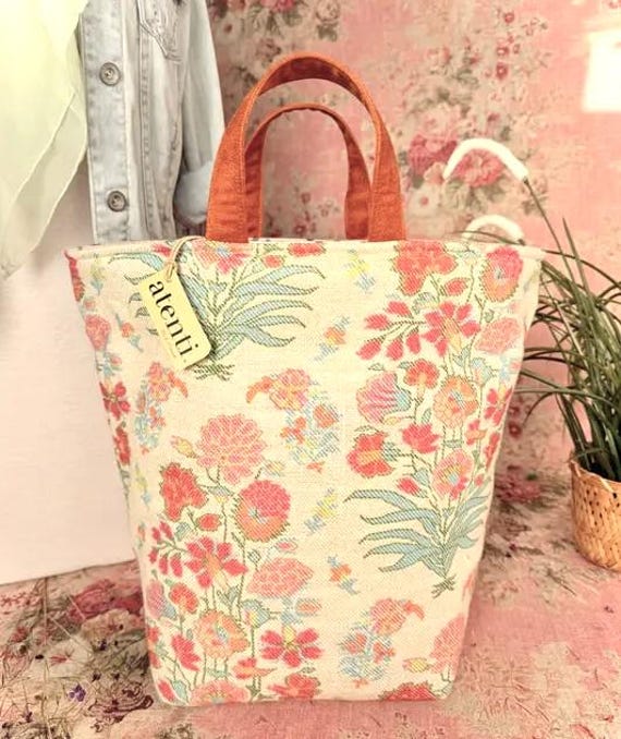 ATENTI Handmade Bags "GEMMA" in Peach, Apricot, Teal & Ivory Floral, Hope Bucket Stand Alone Organizer, Needle Arts/Knitting Bag, USA Made