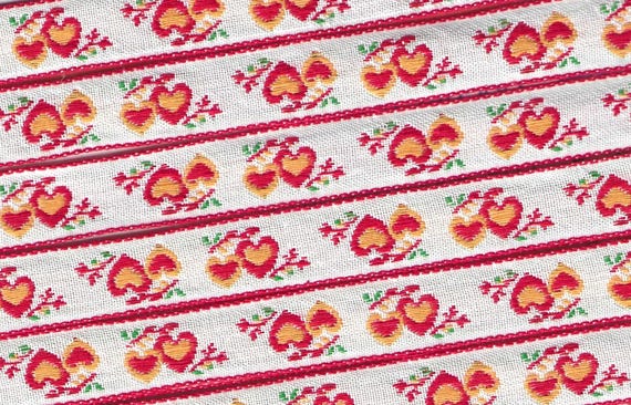 HEARTS/FLOWERS C-17-A Jacquard Ribbon Cotton Trim 9/16" wide (14mm) VINTAGE, White Background w/Red & Yellow Double Hearts
